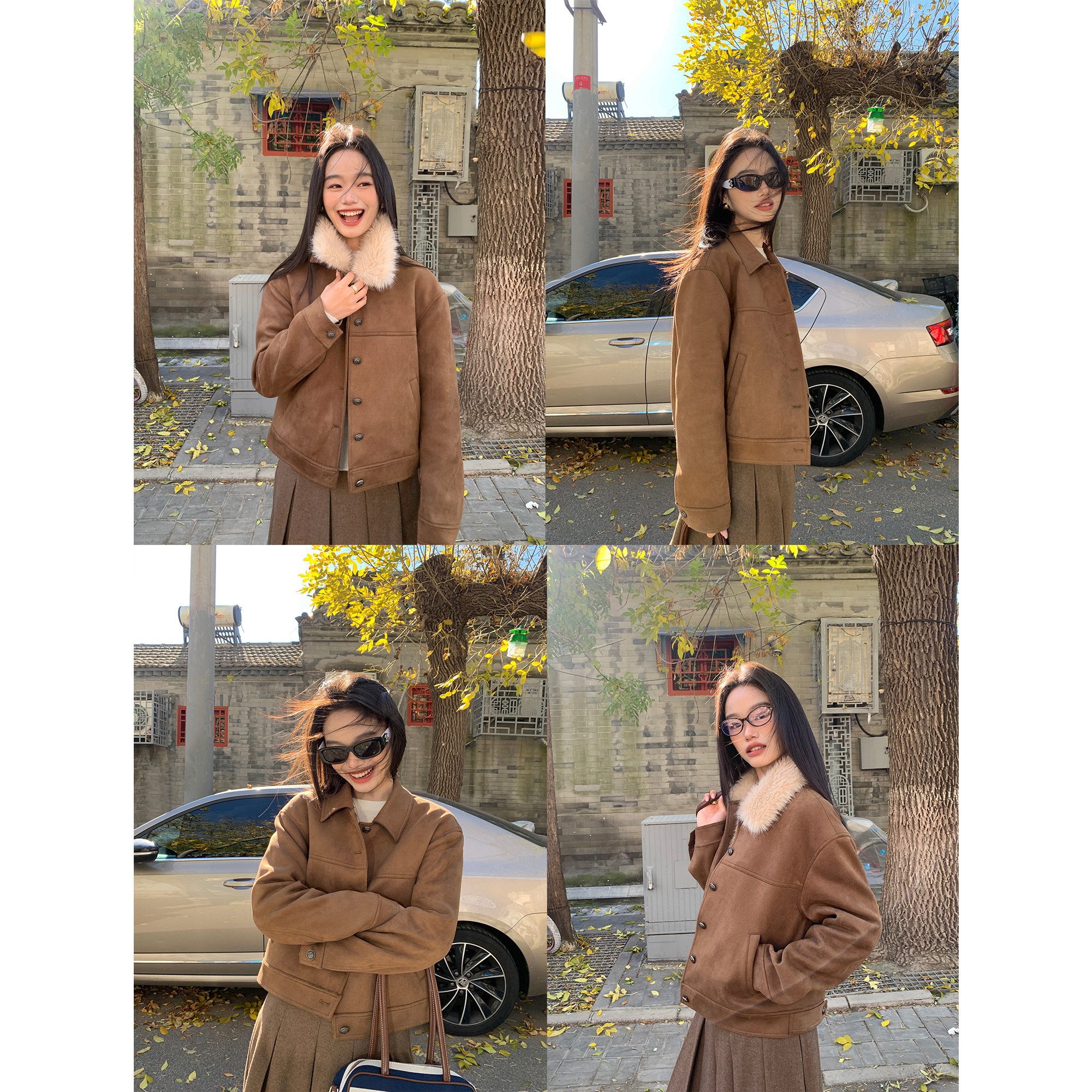 pusumede 温暖冬日 复古麂皮绒夹克女休闲可拆毛领短款毛毛外套