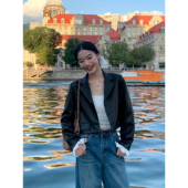 pusumede 外套女设计感气质小西服 皮衣西装 现货6折 黑色短款