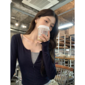 pusumede T恤女设计感叠穿针织正肩上衣 长袖 叠穿公式 两件套修身