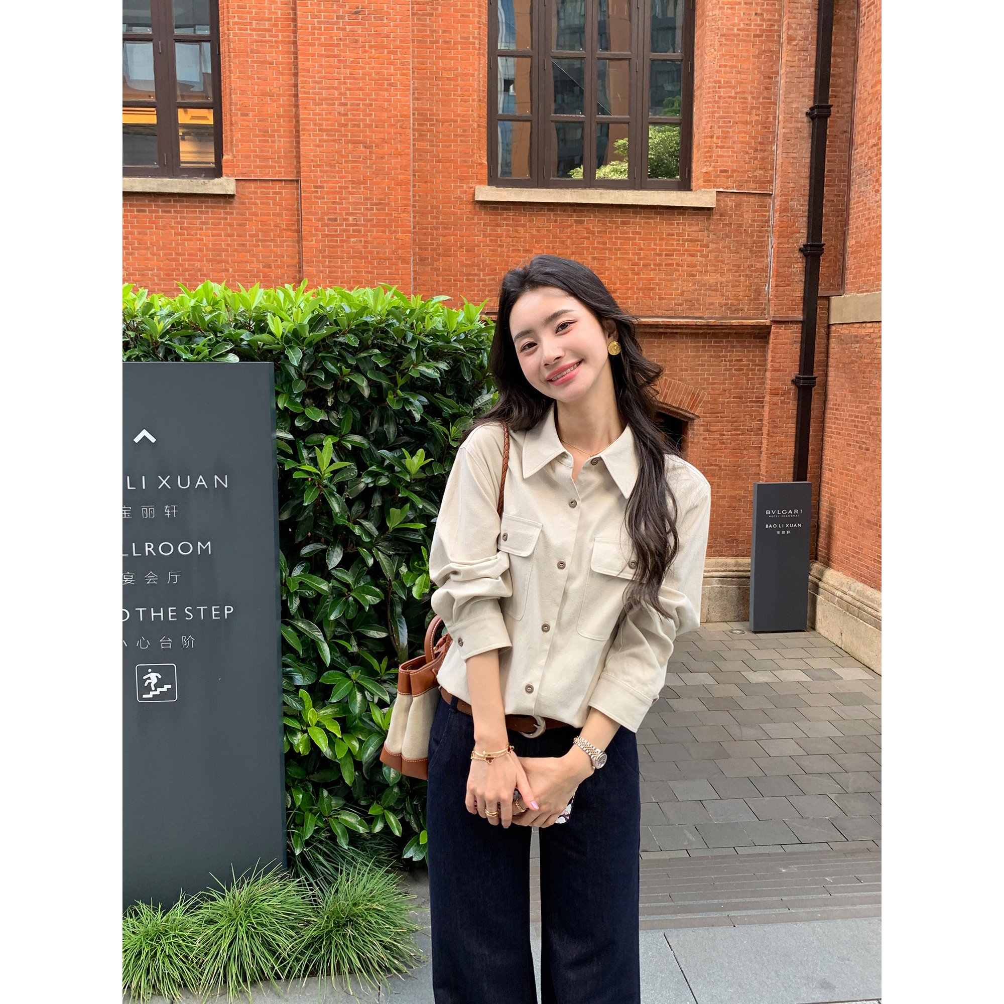 pusumede 智性松弛 复古工装polo领双口袋长袖衬衫女宽松休闲衬衣