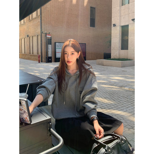 pusumede【现货7.5折】弗里假日 灰色套头连帽卫衣女针织外套上衣