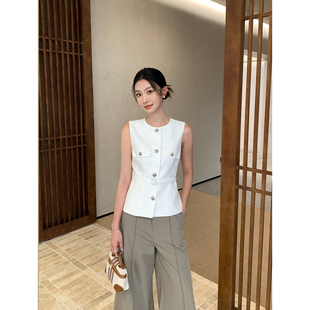 小香风圆领马甲女高级感收腰无袖 法式 背心上衣 配腰带 pusumede