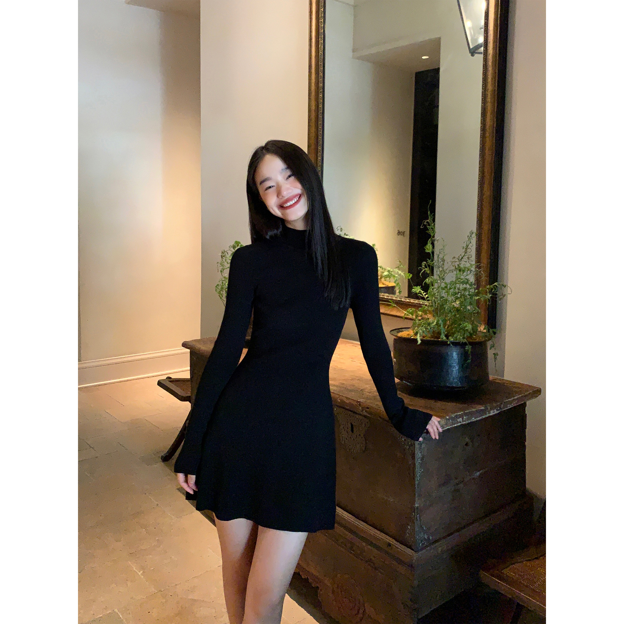 pusumede黑色半高领针织连衣裙女长袖打底裙修身显瘦气质包臀短裙