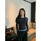 摩卡慕斯 撞色圆领套头针织衫 女修身 pusumede 打底内搭长袖 上衣