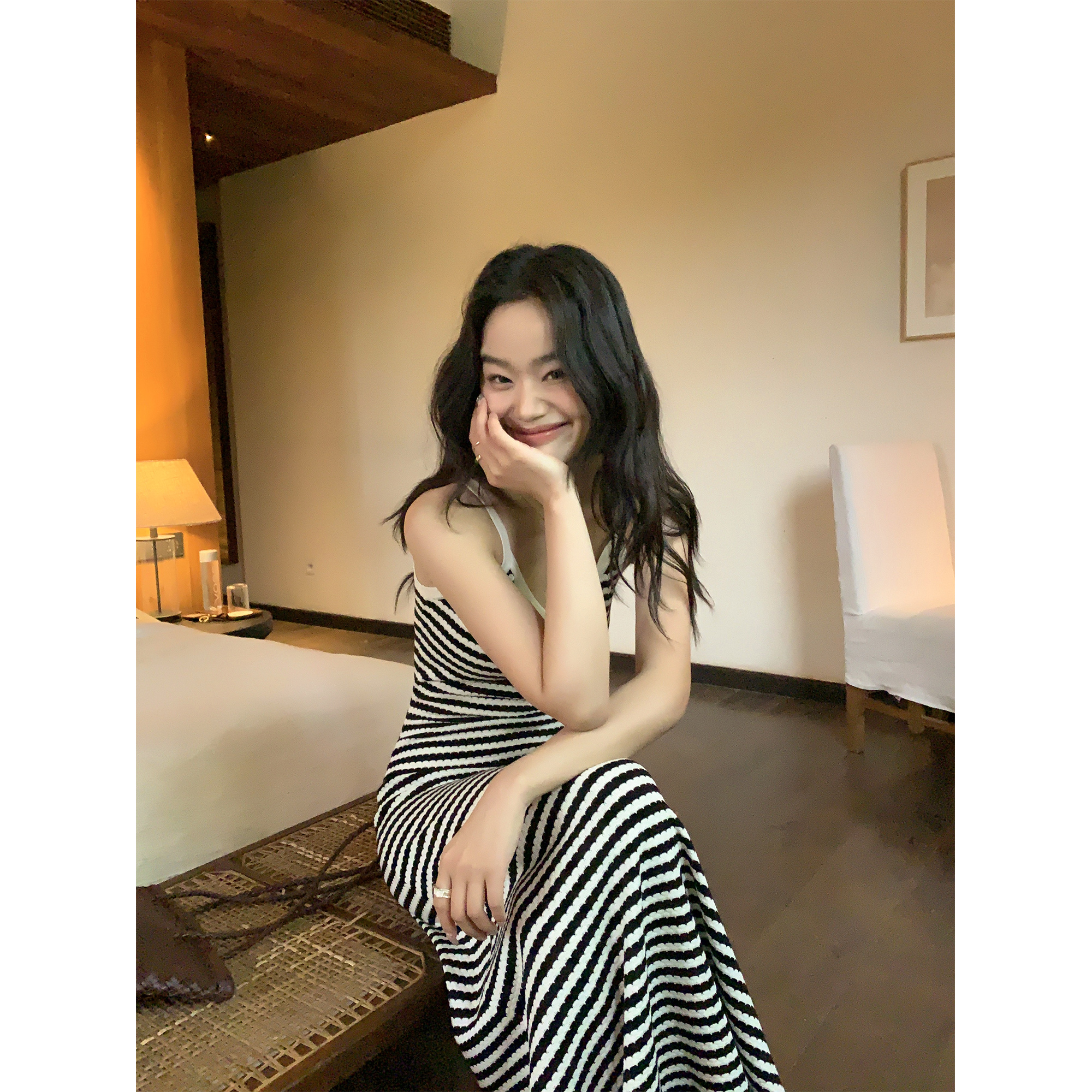 pusumede 条纹v领吊带连衣裙女夏季收腰无袖背心裙休闲针织长裙子