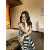 收腰无袖 pusumede 条纹v领吊带连衣裙女夏季 背心裙休闲针织长裙子