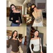 黑色斜肩长袖 pusumede 日落赴约 T恤女简约露肩内搭显瘦针织上衣