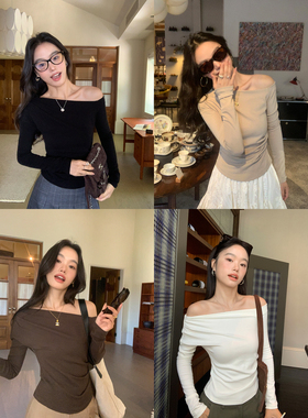 pusumede 日落赴约 黑色斜肩长袖T恤女简约露肩内搭显瘦针织上衣