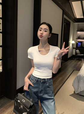 pusumede【现货7折】 白色U领短袖T恤女褶皱收腰显瘦针织短款上衣