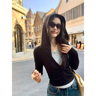 pusumede 撞色叠穿 假两件连帽修身长袖针织衫t恤女收腰拉链上衣