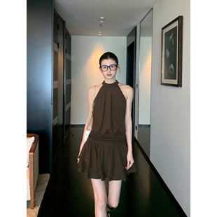 收腰a字短裙蛋糕裙 挂脖连衣裙女无袖 pusumede气质加分项 黑色法式