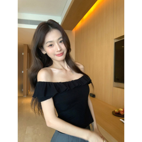 pusumede 舒适夏日 黑色荷叶边小衫短袖t恤女大圆领修身气质上衣