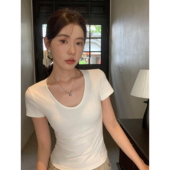 显瘦简约针织短款 内搭修身 白色上衣 T恤女夏季 pusumede正肩u领短袖