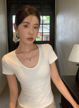 pusumede正肩u领短袖T恤女夏季内搭修身显瘦简约针织短款白色上衣