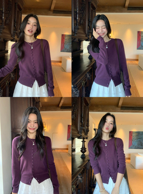 pusumede 时髦单品 26/2NM1OO羊毛圆领开衫女气质长袖针织上衣