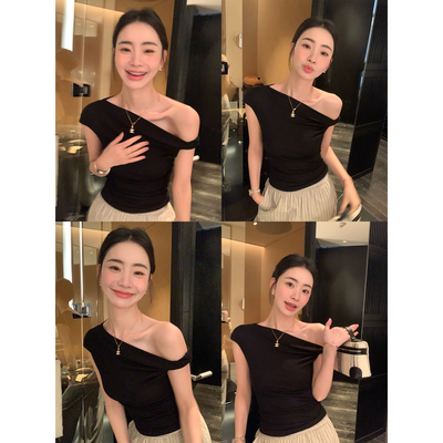 扭结小飞袖修身T恤女斜肩上衣