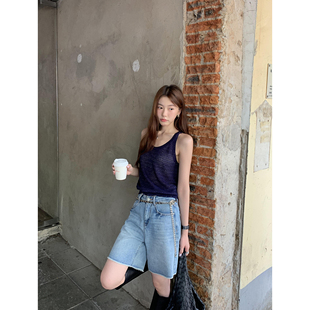 中裤 pusumede 女高腰直筒阔腿五分裤 宽松毛边牛仔短裤 搭配小能手