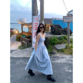 收腰显瘦气质无袖 pusumede法式 方领针织拼接背心连衣裙女夏季 长裙