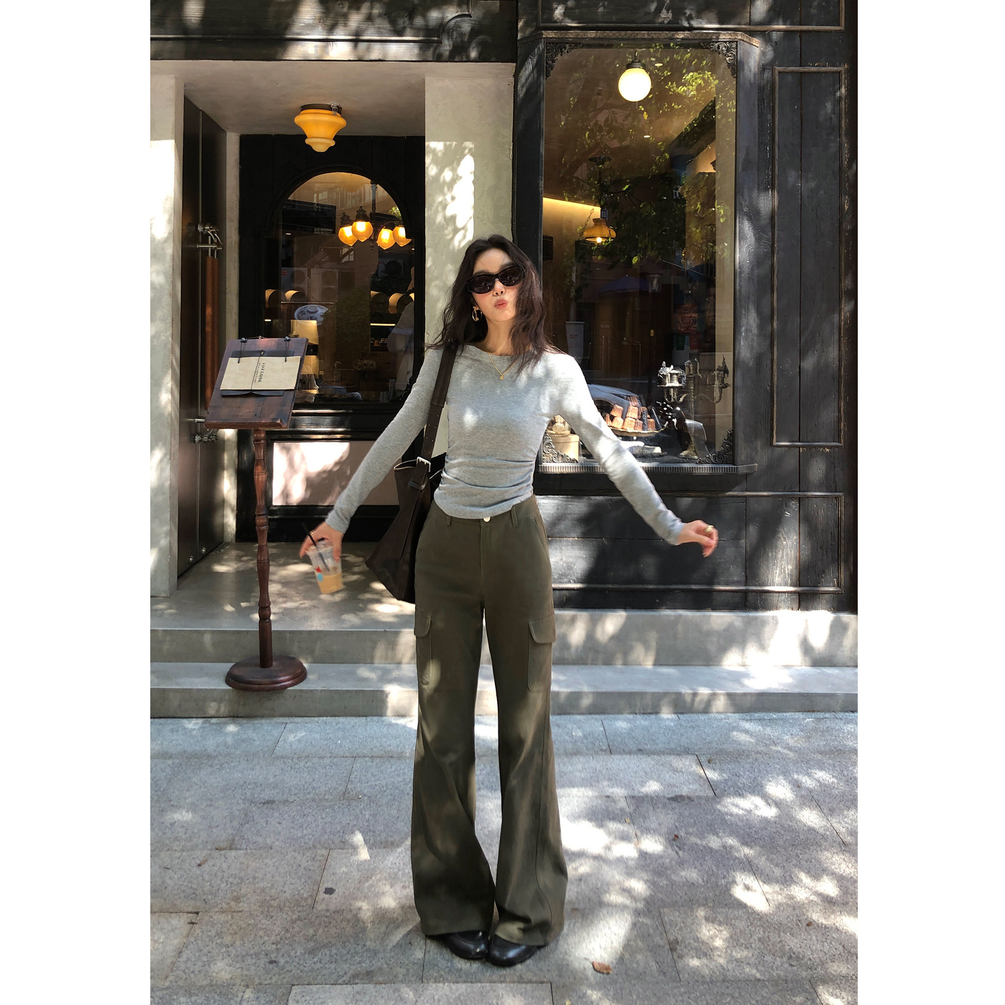 pusumede 浅摊漫步 美式卡其色微喇阔腿休闲裤女宽松直筒工装长裤