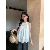 层次波漾 法式 挂脖吊带背心女刺绣小衫 pusumede 绑带露肩无袖 上衣