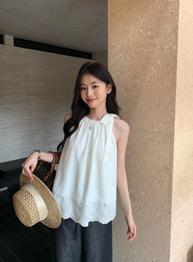 pusumede 层次波漾 法式挂脖吊带背心女刺绣小衫绑带露肩无袖上衣