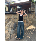 宽松显瘦休闲阔腿拖地长裤 女夏季 复古蓝色直筒牛仔裤 pusumede