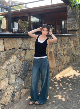 pusumede 复古蓝色直筒牛仔裤女夏季宽松显瘦休闲阔腿拖地长裤