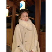 pusumede 温婉灵动 赫本风羊毛双面呢斗篷大衣女宽松气质毛呢外套