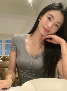 pusumede清新抹茶绿 v领短袖t恤女夏季修身弹力针织气质正肩上衣