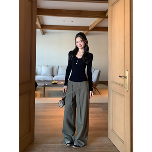 女军绿色宽松抽绳拖地长裤 极简无腰头休闲裤 子 舒适旋律 pusumede