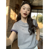 T恤女夏季 刺绣撞色短袖 正肩圆领简约纯棉上衣 灰调风尚 pusumede