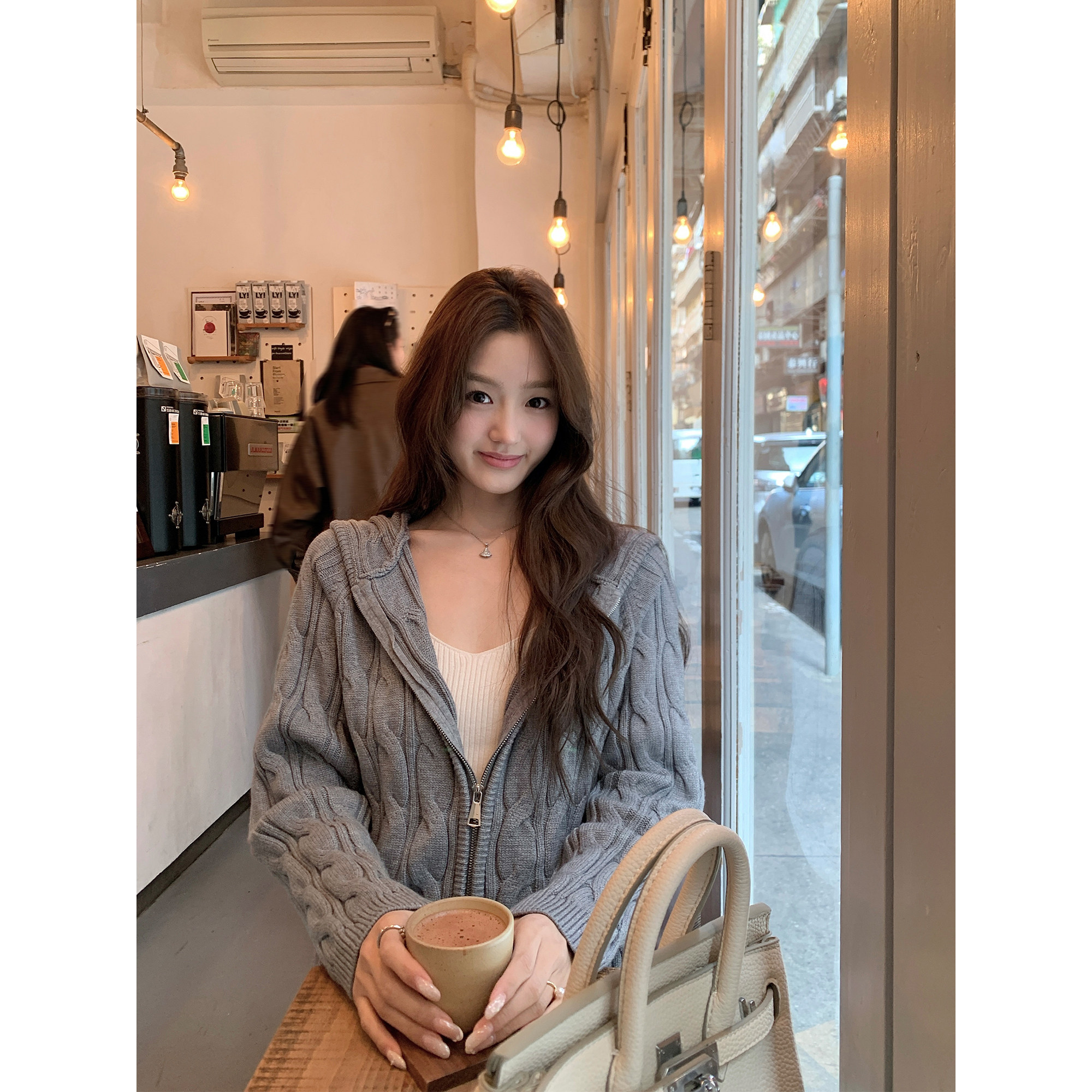 pusumede 轻甜冬日 宽松连帽麻花毛衣开衫女休闲慵懒针织衫外套