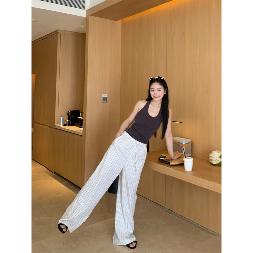 pusumede直筒阔腿条纹休闲裤女
