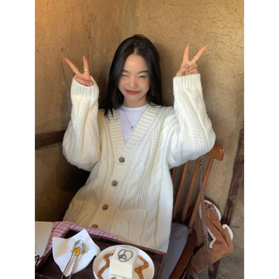 pusumede 毛衣v领开衫外套女秋冬新款韩版宽松慵懒风气质针织上衣