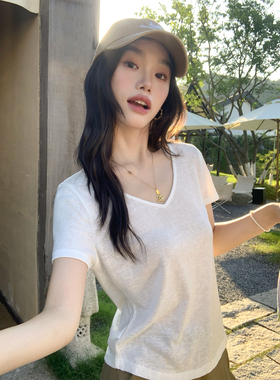 pusumede零感神T 白色V领短袖女t恤夏季基础亚麻雪花气质正肩上衣