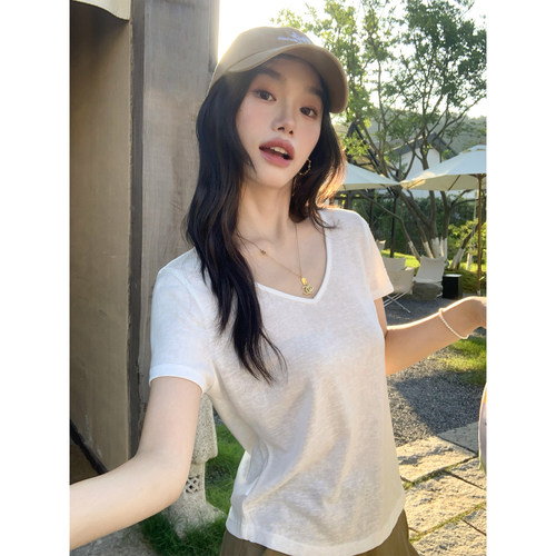 pusumede零感神T 白色V领短袖女t恤夏季基础亚麻雪花气质正肩上衣