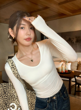 pusumede 佩里月光 黑色U领长袖T恤女气质正肩内搭针织打底衫上衣