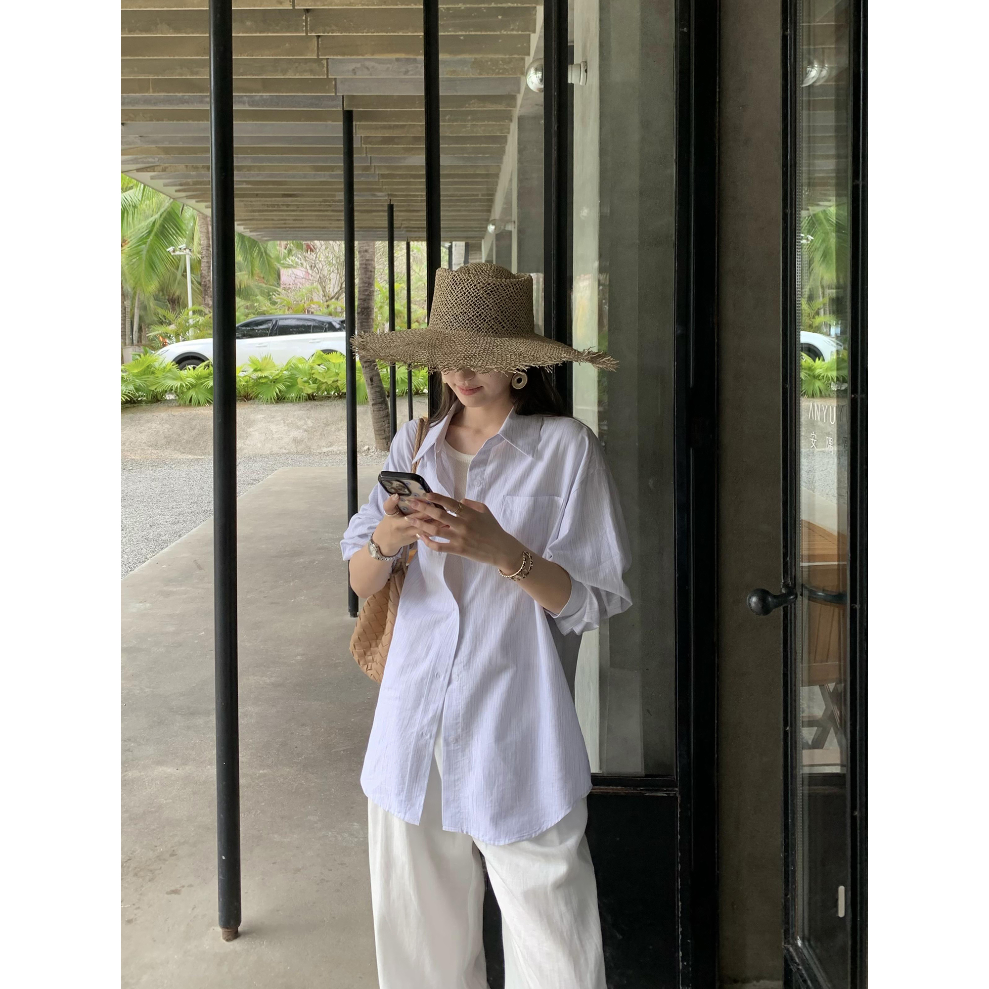 pusumede 山茶凌粉 高级感条纹长袖衬衫女宽松通勤衬衣气质上衣