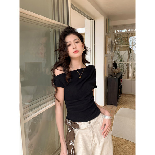 斜肩短袖t恤女收腰上衣