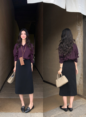 pusumede 优雅韵味 黑色直筒西装半身裙女高腰修身中长款包臀裙