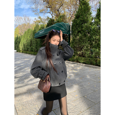 pusumede 旷野穿行 宽松短款毛呢外套女双排扣花苞下摆夹棉大衣