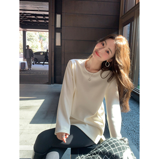 pusumede淡颜范本 加绒圆领套头长袖t恤女慵懒宽松中长款针织上衣