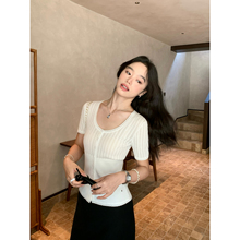 pusumede松弛随性 白色圆领镂空短袖T恤女夏修身薄款针织开衫上衣