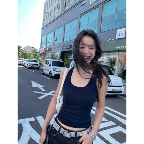 pusumede 藏青色工字背心吊带女外穿设计感镂空蕾丝拼接无袖上衣
