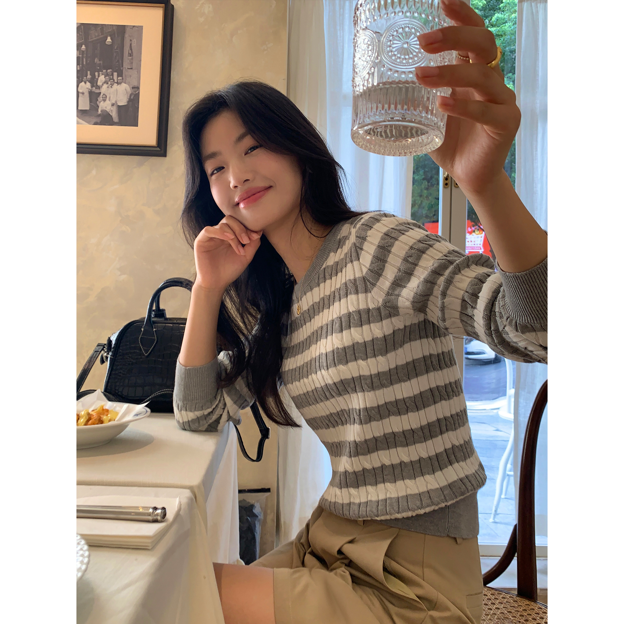 pusumede 圆领条纹针织衫女长袖套头毛衣宽松内搭打底衫休闲上衣