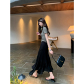 pusumede 高腰显瘦a字气质长裙 黑色不规则鱼尾裙半身裙女新款
