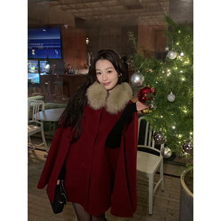 pusumede 狐狸毛领羊毛双面呢斗篷大衣女高级感毛呢外套 月光千金