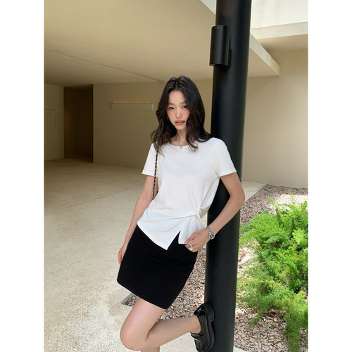 pusumede极简美学!扭结设计感白色短袖t恤女圆领休闲气质正肩上衣