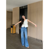 女设计感宽松直筒高腰休闲拖地长裤 pusumede 浅蓝微喇阔腿牛仔裤