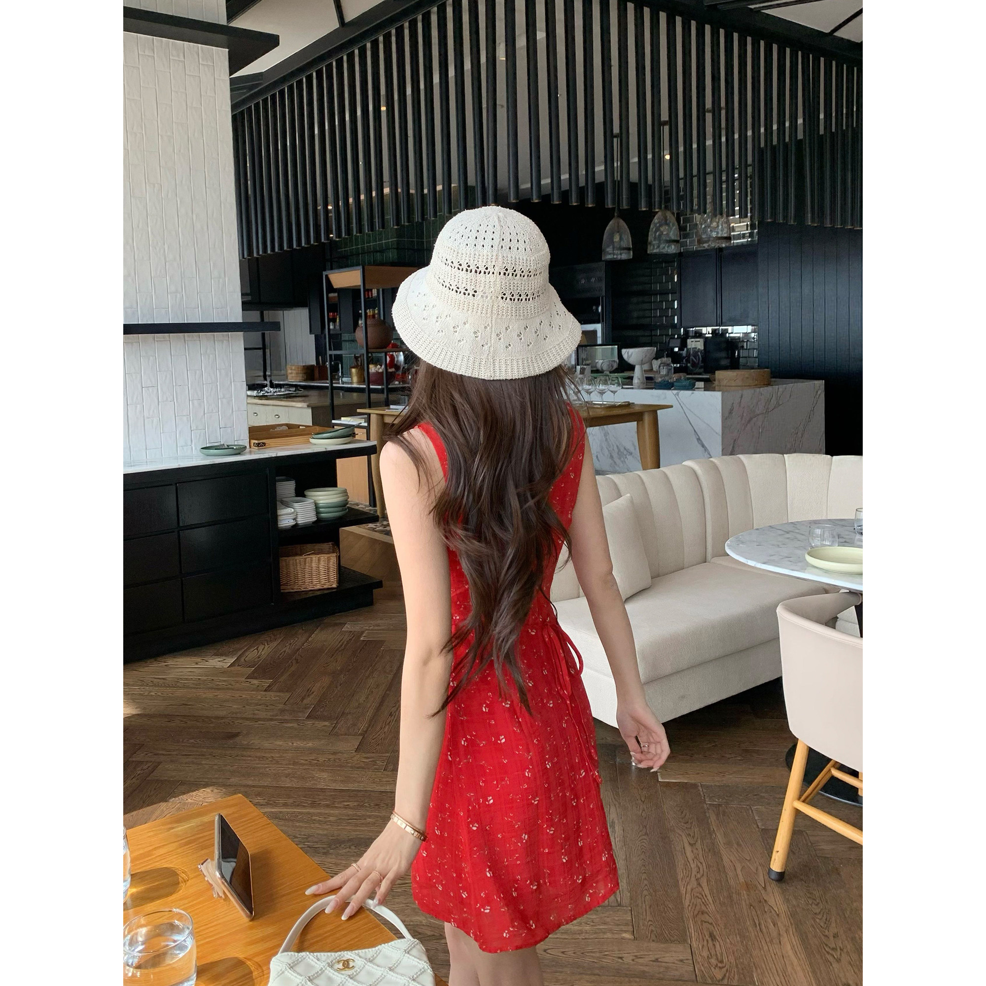 pusumede夏日花漾 V领雪纺碎花连衣裙女花边拼接收腰气质背心短裙